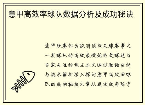 意甲高效率球队数据分析及成功秘诀